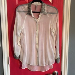Slight high-low Sheer Button Down w Sequin Detail